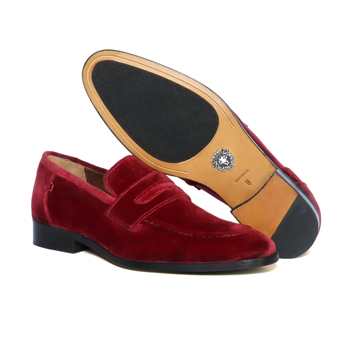 Customized "EXTRA HIGH HEEL" Wine Italian Velvet Leather Apron Toe Penny Loafers For Men By Brune & Bareskin