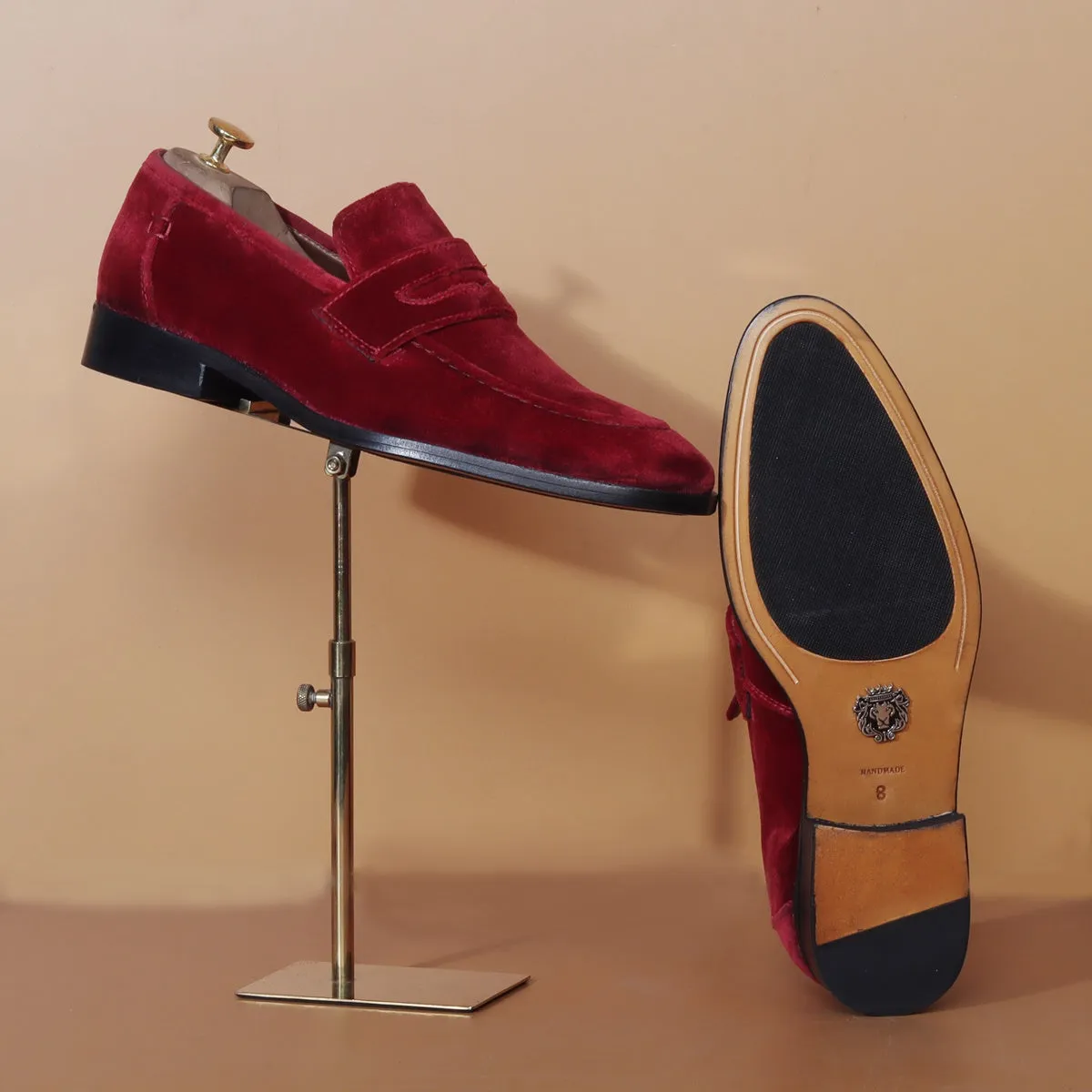 Customized "EXTRA HIGH HEEL" Wine Italian Velvet Leather Apron Toe Penny Loafers For Men By Brune & Bareskin