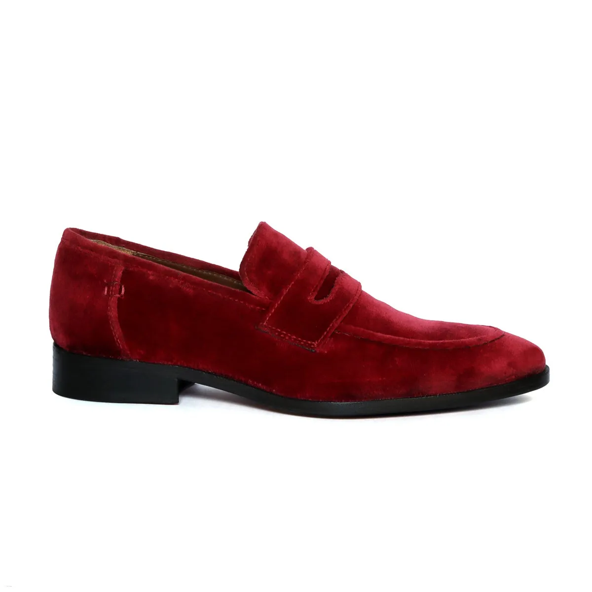 Customized "EXTRA HIGH HEEL" Wine Italian Velvet Leather Apron Toe Penny Loafers For Men By Brune & Bareskin