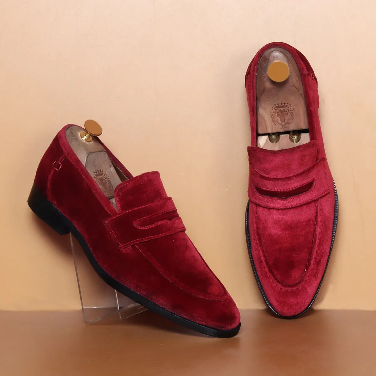 Customized "EXTRA HIGH HEEL" Wine Italian Velvet Leather Apron Toe Penny Loafers For Men By Brune & Bareskin
