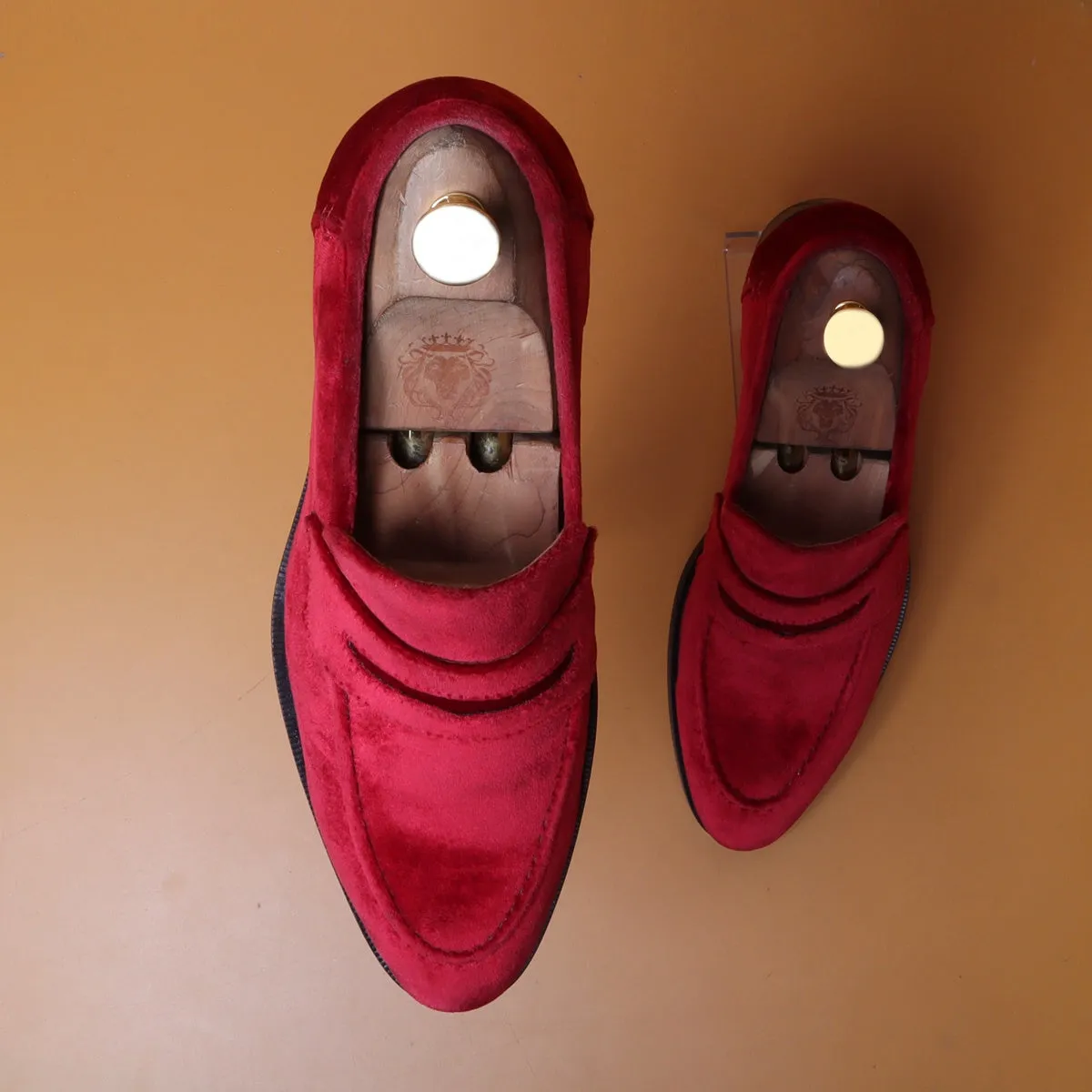 Customized "EXTRA HIGH HEEL" Wine Italian Velvet Leather Apron Toe Penny Loafers For Men By Brune & Bareskin