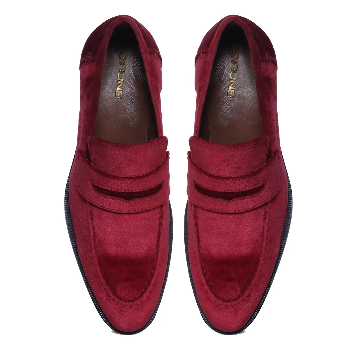 Customized "EXTRA HIGH HEEL" Wine Italian Velvet Leather Apron Toe Penny Loafers For Men By Brune & Bareskin