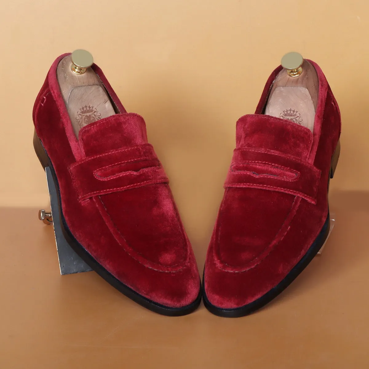 Customized "EXTRA HIGH HEEL" Wine Italian Velvet Leather Apron Toe Penny Loafers For Men By Brune & Bareskin