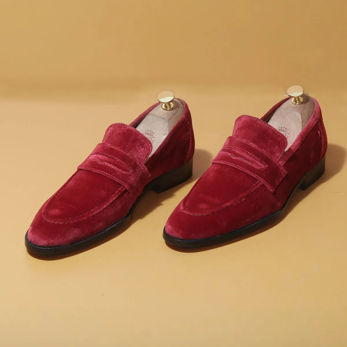 Customized "EXTRA HIGH HEEL" Wine Italian Velvet Leather Apron Toe Penny Loafers For Men By Brune & Bareskin