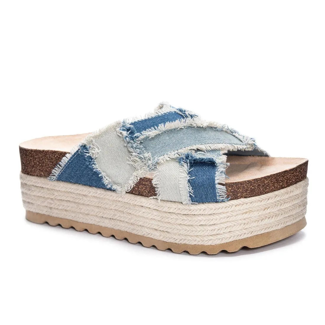 Plays Crochet Platform Slide Chunky Mule Sandals - Denim Patchwork