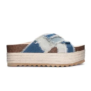 Plays Crochet Platform Slide Chunky Mule Sandals - Denim Patchwork