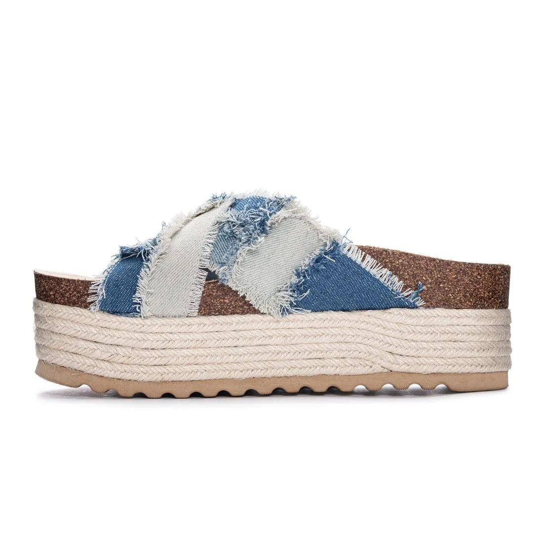 Plays Crochet Platform Slide Chunky Mule Sandals - Denim Patchwork