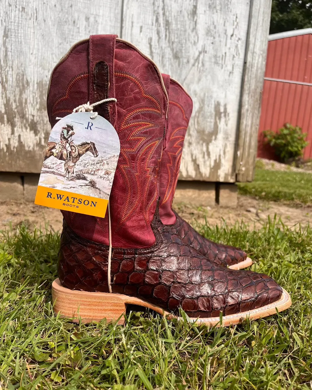 R. Watson Women's Chocolate Pirarucu Big Bass Square Toe Western Cowgirl Boots RWL7800-2