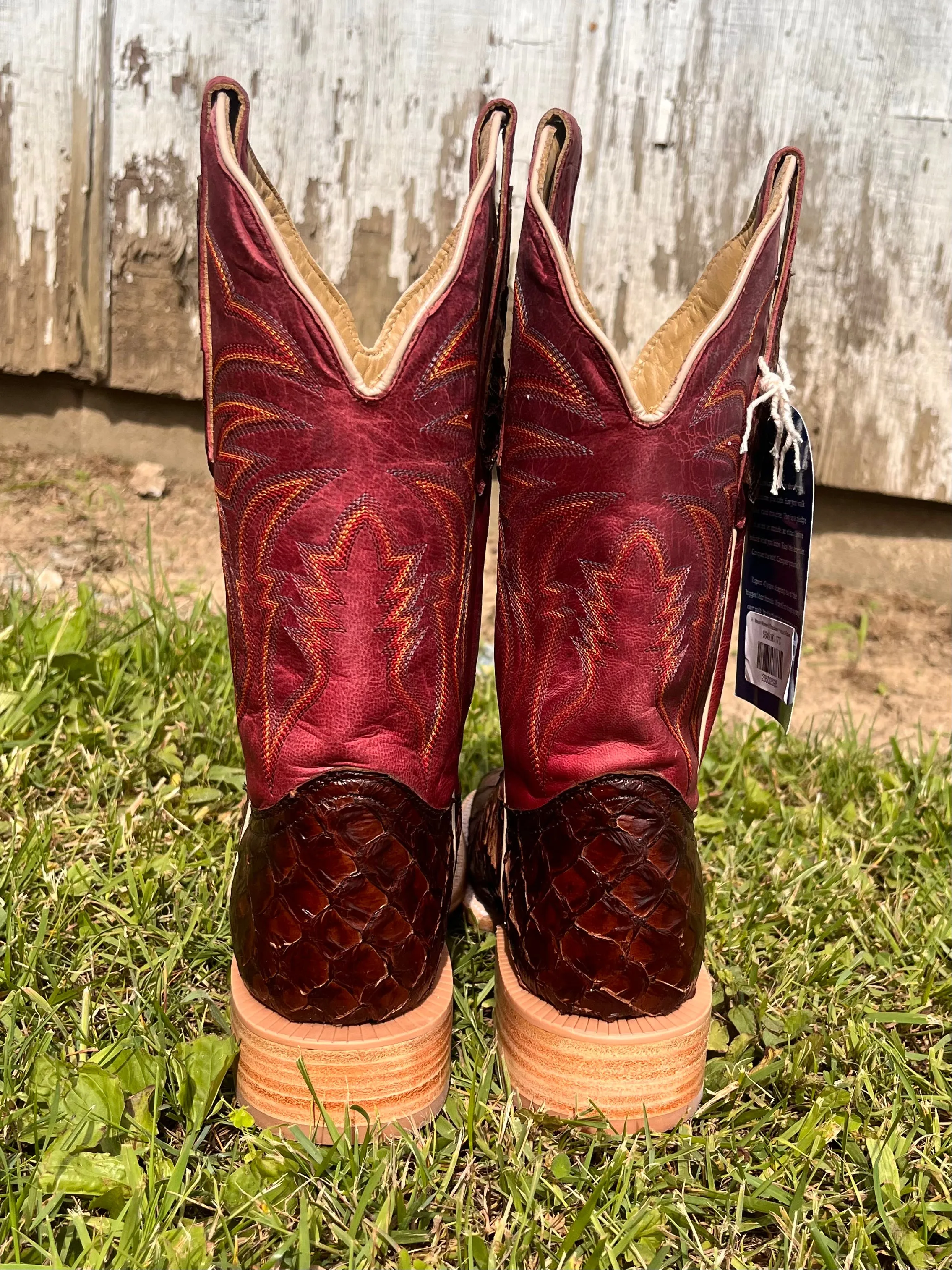 R. Watson Women's Chocolate Pirarucu Big Bass Square Toe Western Cowgirl Boots RWL7800-2