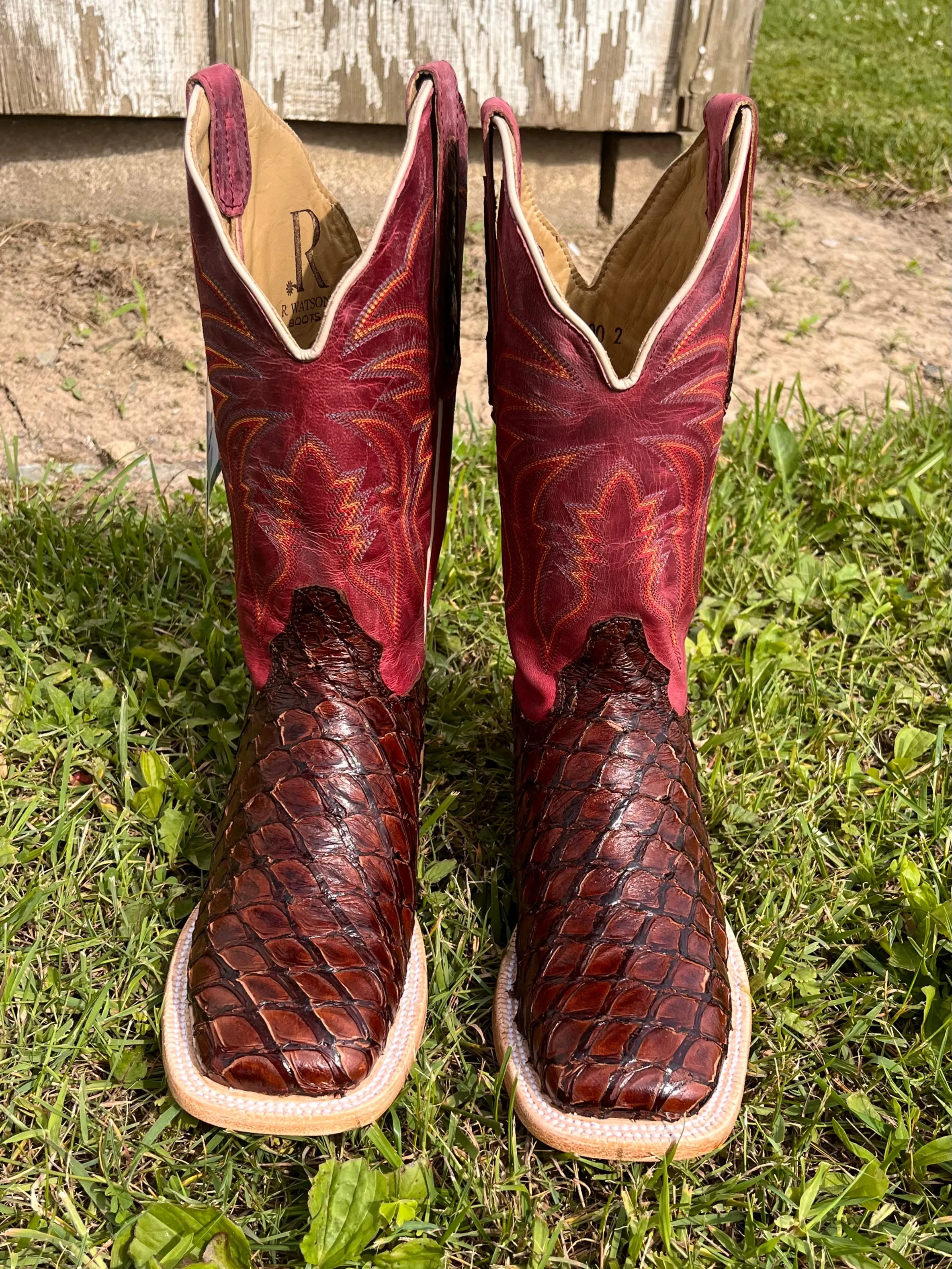 R. Watson Women's Chocolate Pirarucu Big Bass Square Toe Western Cowgirl Boots RWL7800-2