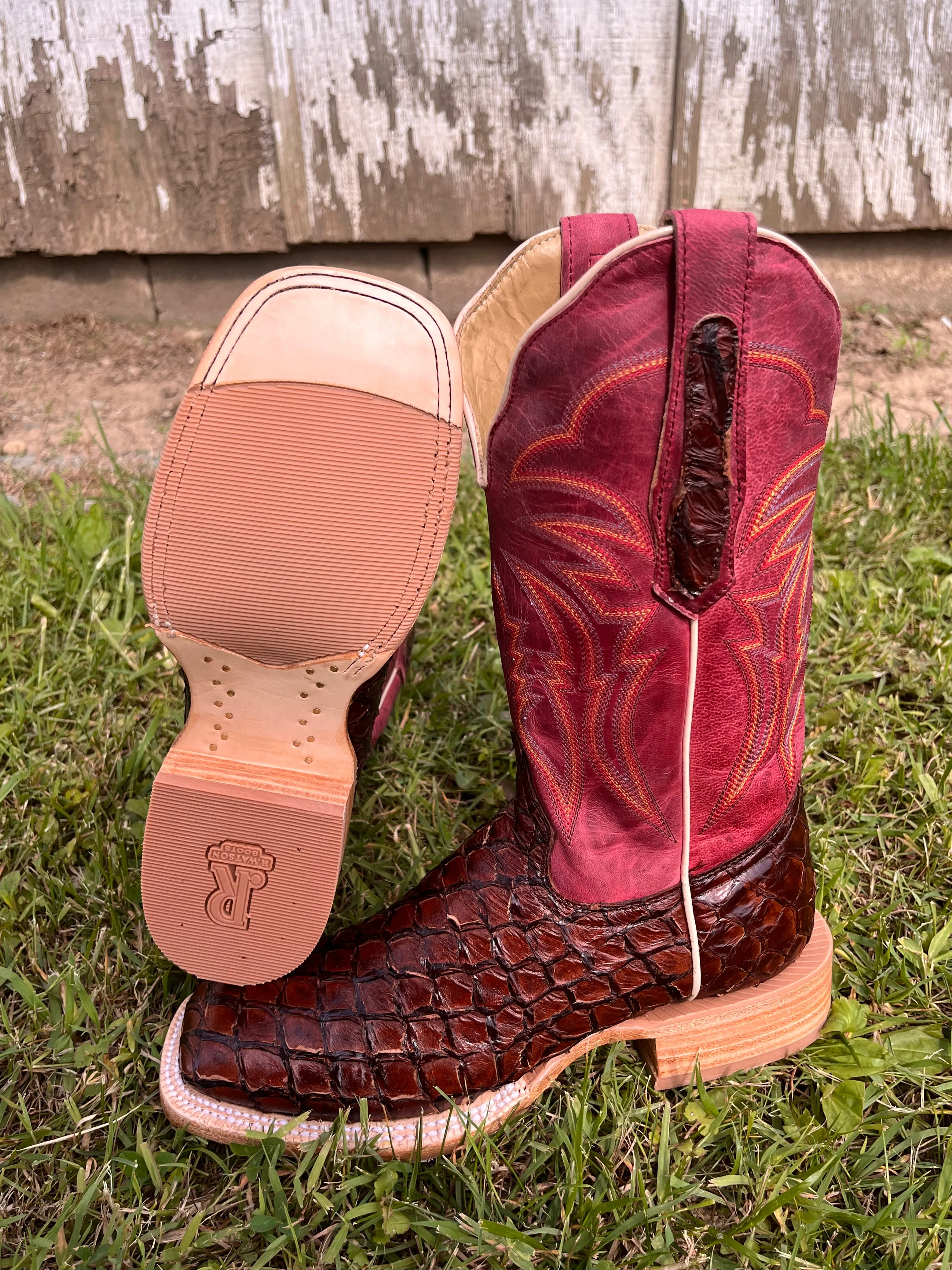 R. Watson Women's Chocolate Pirarucu Big Bass Square Toe Western Cowgirl Boots RWL7800-2