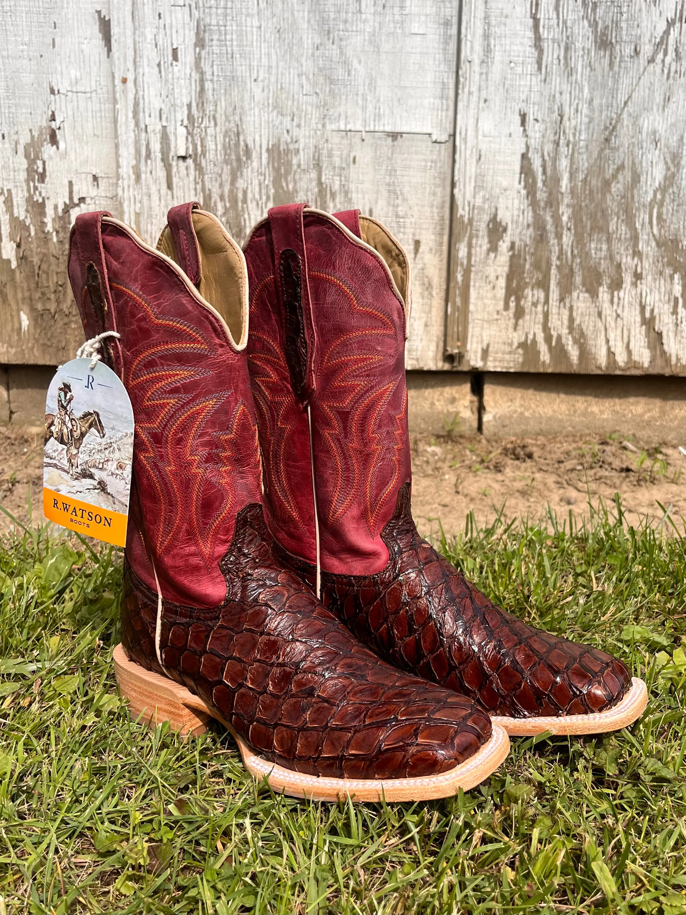 R. Watson Women's Chocolate Pirarucu Big Bass Square Toe Western Cowgirl Boots RWL7800-2
