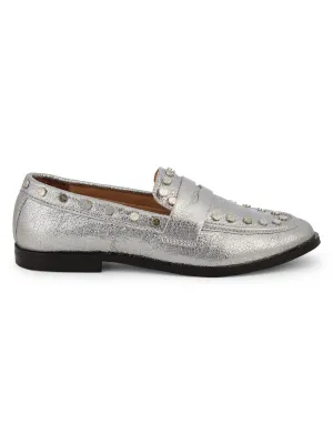Steve Madden Women's After Studded Metallic Penny Loafers Silver Leather AFTE01D1